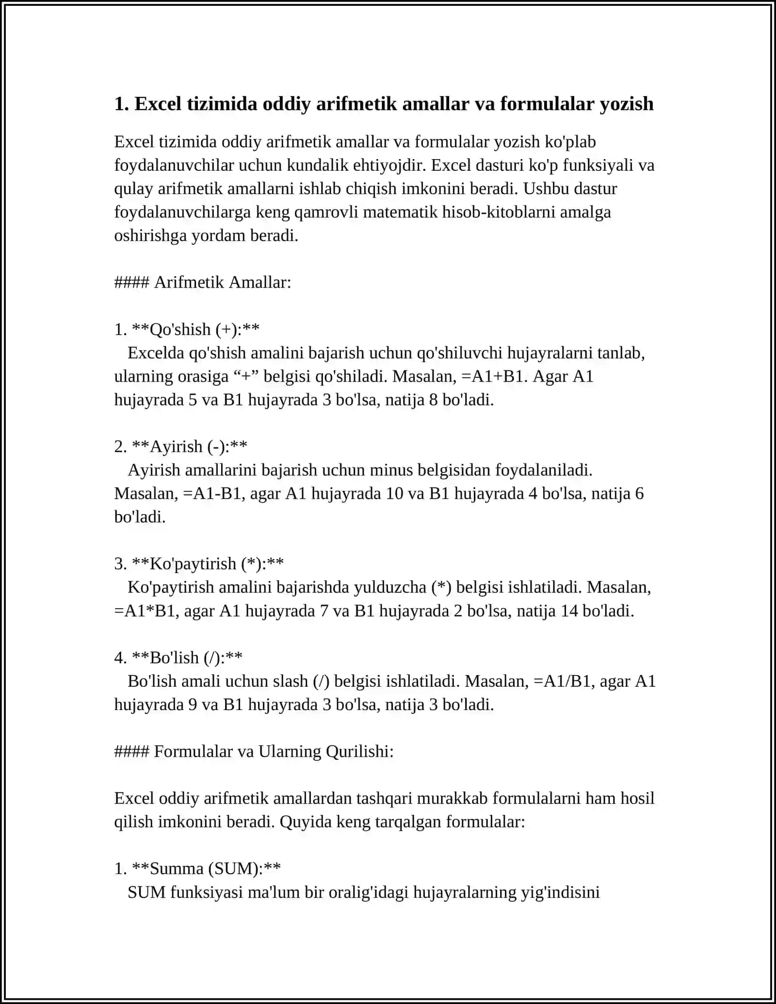 EXCEL TIZIMIDA ODDIY HISOBLASHLAR, FUNKSIYA QIYMATLARINI HISOBLASH, GRAFIK OBYEKTLARINI QURISH 4