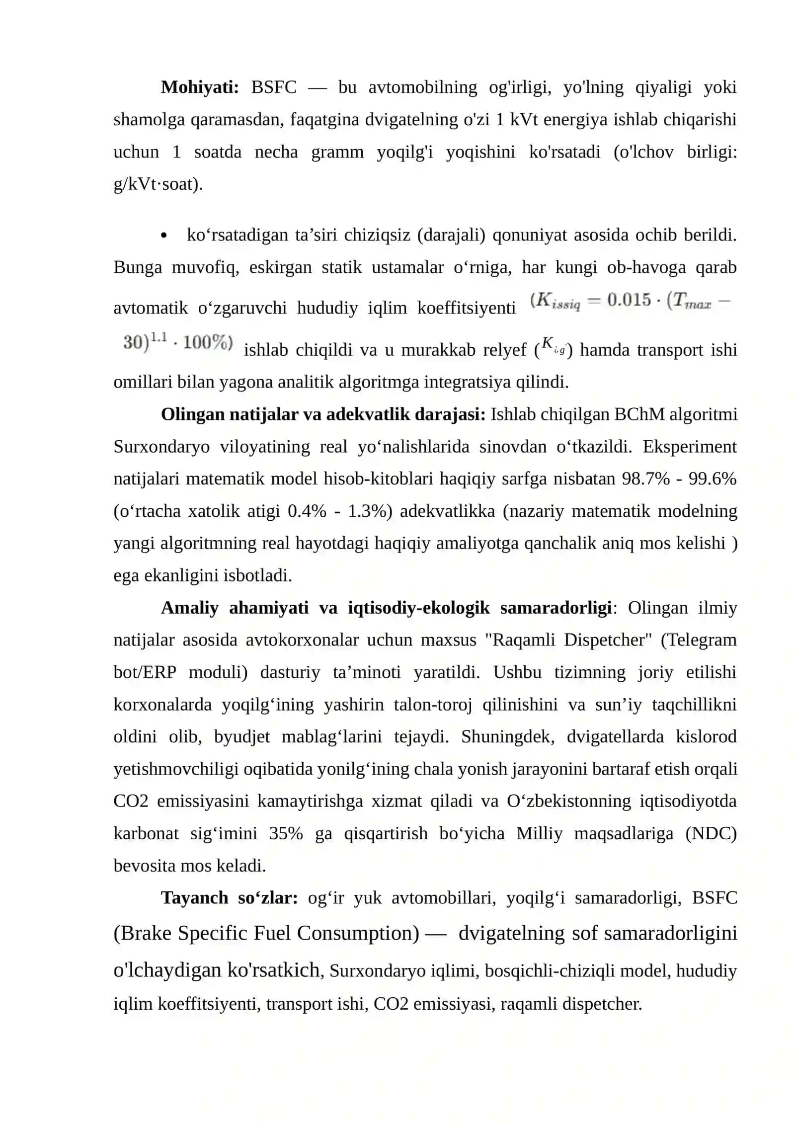 Haqiqiy ish sharoitida avtomobil yonilg‘i me’yorini aniqlash metodologiyasini ishlab chiqish 4