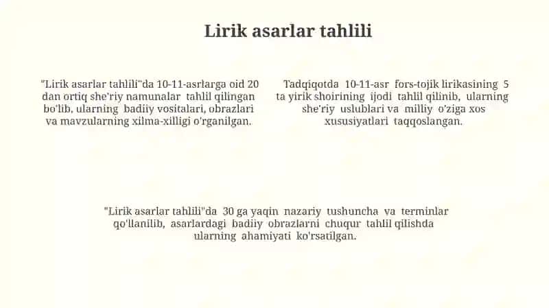 X-XI asrlarda fors-tojik tildagi adabiyotlardan namunalar toplash va tahlil qilish 4