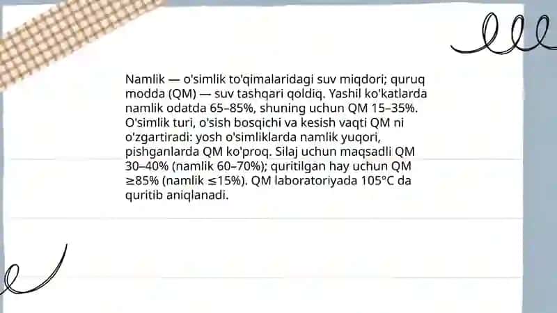 Ekiladigan ko'k o'tlarning kimyoviy tarkibi va to'yimliligini aniqlash 4