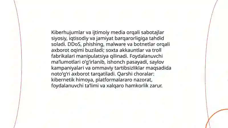 Ijtimoiy mediada tahdidlar, hurujlarva xavf- xatarlar. Jahon media va axborot makoni: manfaatlar to'qnashuvi, muammolar, yechimlar 4