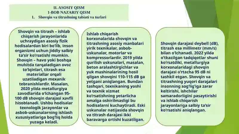 Ishlabchiqarish korxonalaridashovqinvatitrashxavfsizliginita'minlashchora–tadbirlari mavzusidabajargan kursloyihasi 4