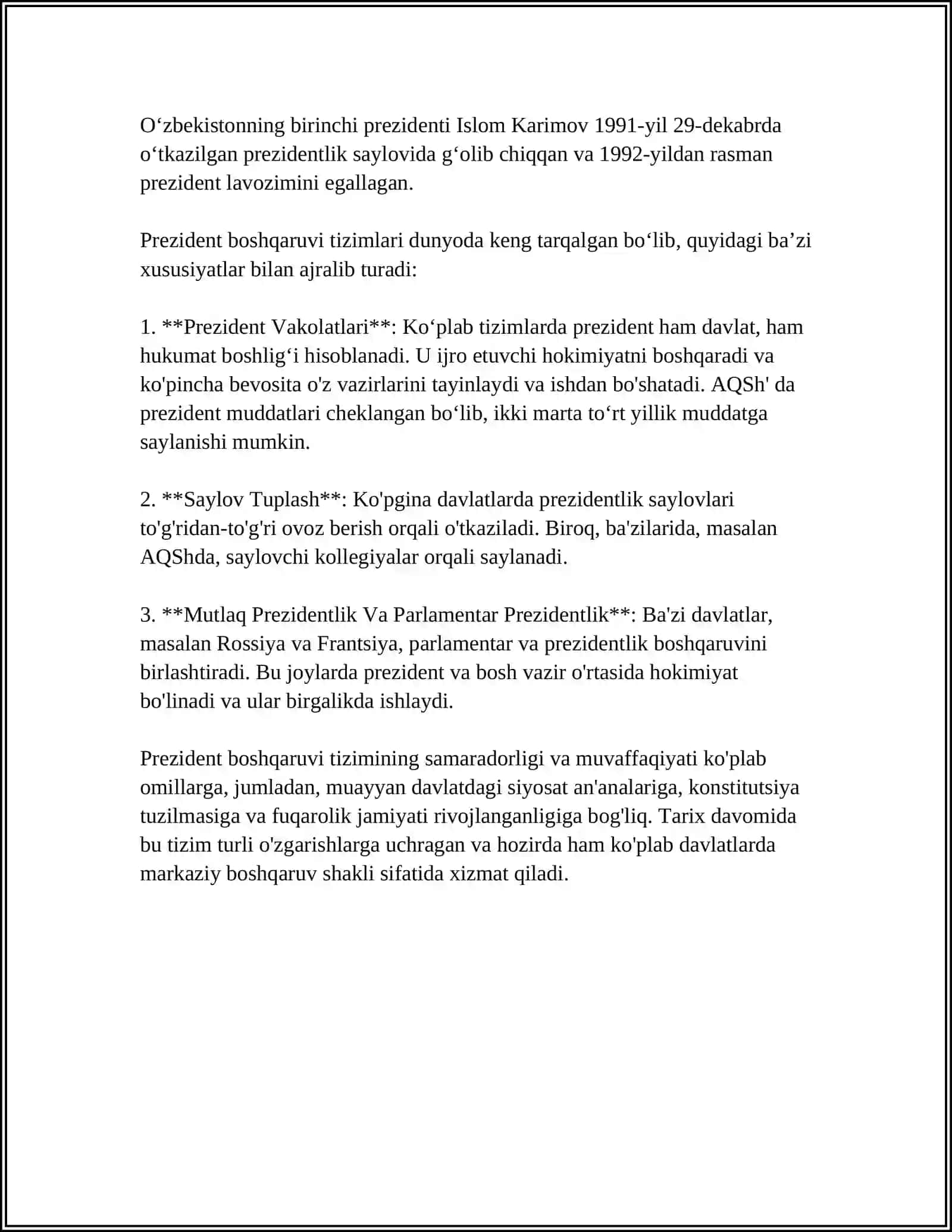 O'ZBEKISTONDA PREZIDENTLIK BOSHQARUVI TIZIMINING JORIY ETILISHI 4