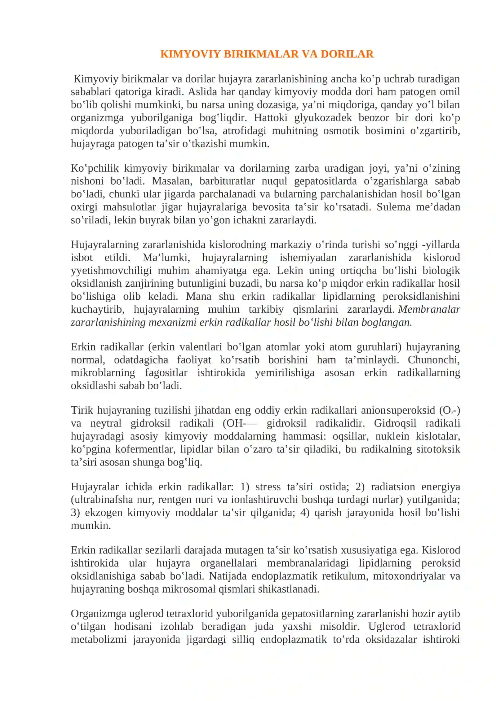 Hujayraning qaytar va qaytmas zararlanishi. Hujayraning zararlanishi va nobud bulishi: sabablari, rivojlanish mexanizmi, morfologiyasi. Apoptoz. Hujayra qarishi 4