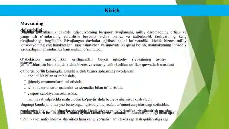 "Mamlakatimizda kichik biznes va tadbirkorlikni rivojlantirish" elektron malaka ishi 4