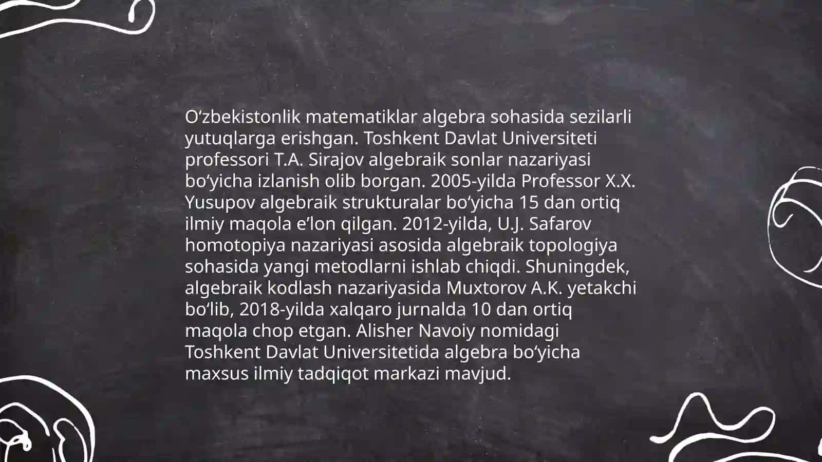 Oʻzbekistonda oʻzbek olimlarining elementar matematika va matematika sohalarida rivojlanishiga qoʻshgan hissasi 4