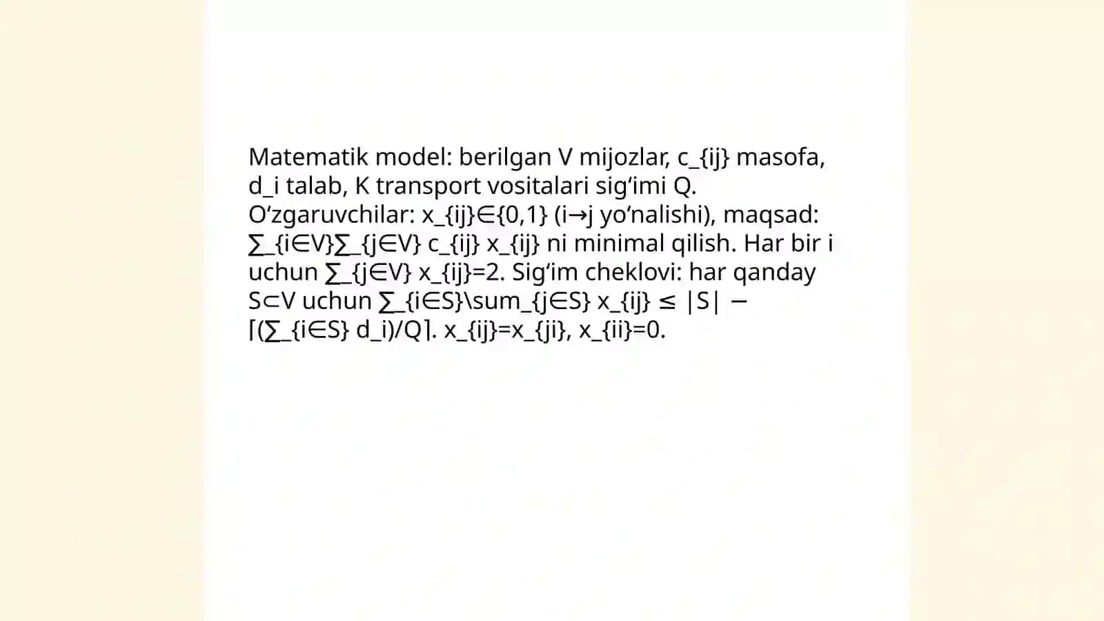 Avtokorxona joylashuv punktini hisobga olmagan holda yuk tashish marshrutlarni tuzish 4