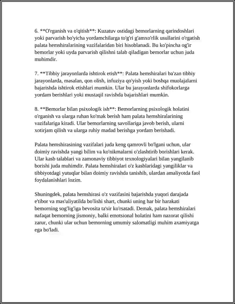 REFERAT Mavzu: PALATA HAMSHIRASI VAZIFALARI 4