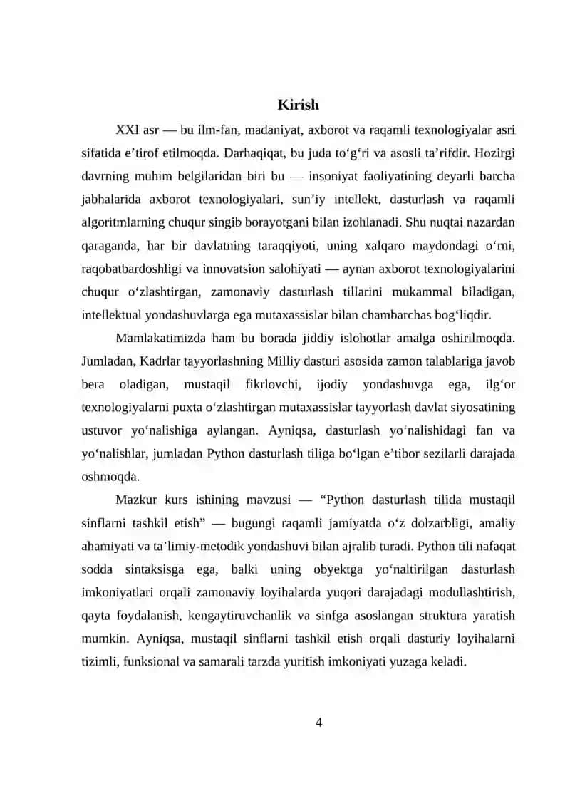 PYTHON DASTURLASH TILIDA MUSTAQIL SINFLARNI TASHKIL ETISH 4