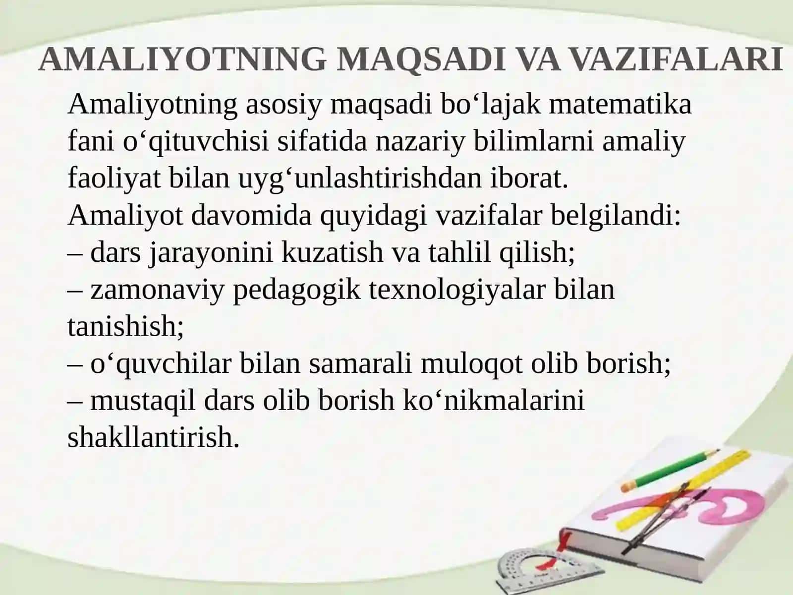 Matematika yo‘nalishi II bosqich 203- Saydahmedova Durdona G‘ayratjon qizining Qo’qon shahar 29-umumiy oʻrta taʼlim maktabidagi malakaviy amaliyoti HISOBOTI 4