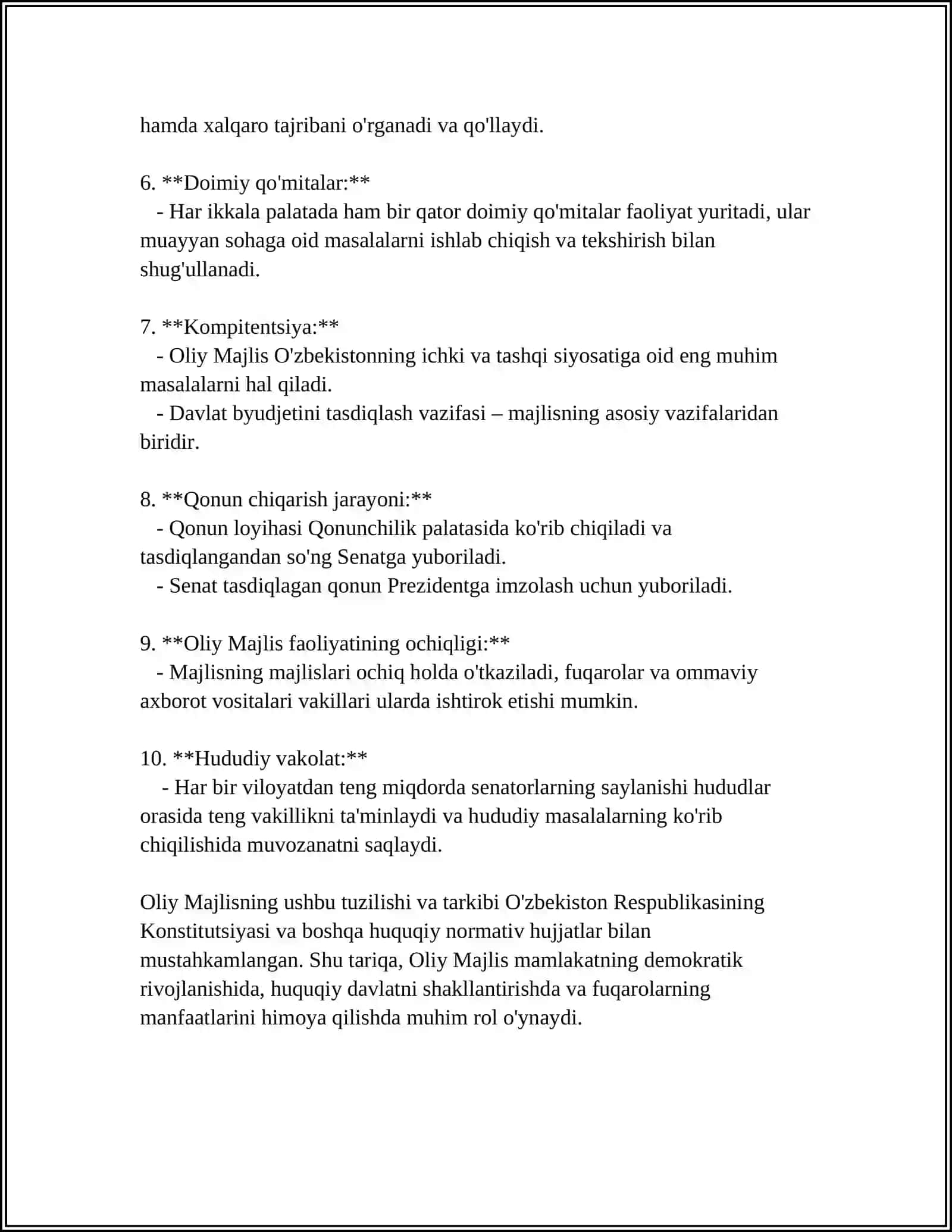 MUSTAQIL ISH Mavzu: OʻZBEKISTON RESPUBLIKASI OLIY MAJLISI 4