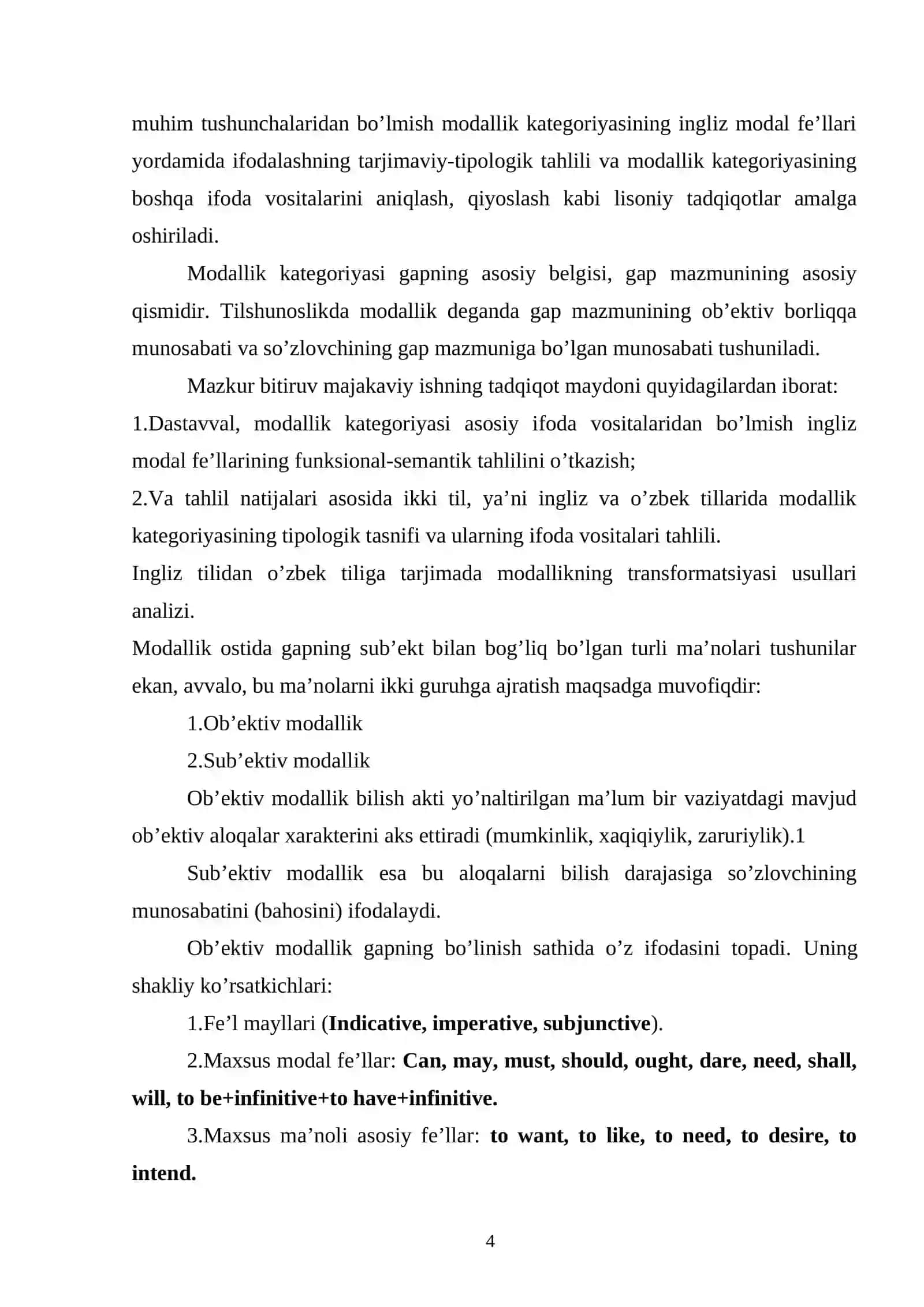 Modallik va ingliz modal fe'llarining tarjimaviy tipologik talqini. Ingliz tili modal fe'llarining semantik tahlili 4