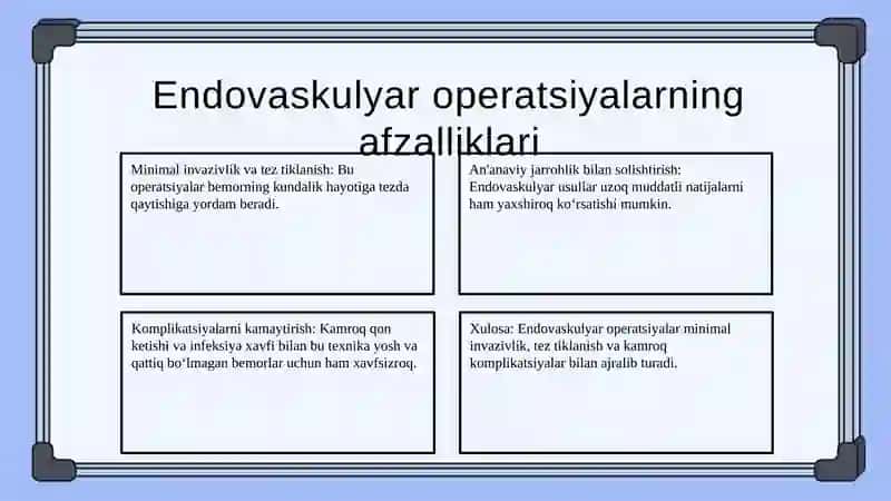 Endovaskulyar operatsiyalar. O‘mrov osti va son venalarini punksiya qilish va kateterlash. Mikroxirurgik texnika. Transplantologiyada mikroxirurgiyaning qo‘llanilishi. 4