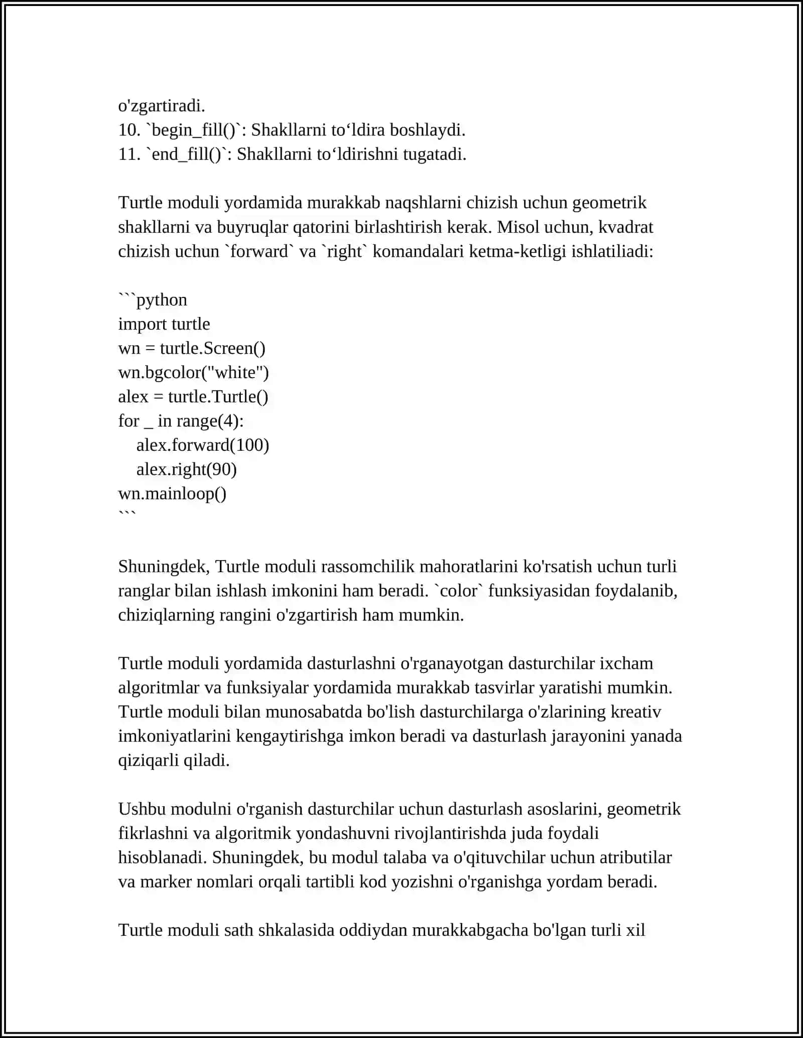 TURTLI MODULI BILAN ISHLASH VA DASTURLAR YOZISH 4