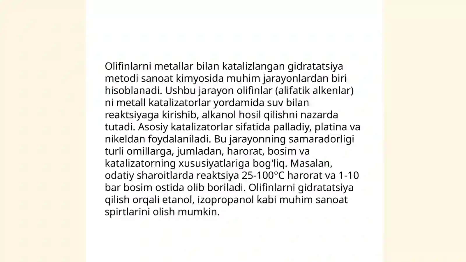 Olifinlarni kislota katalizatorlar bilan gidratatsiyasi 4