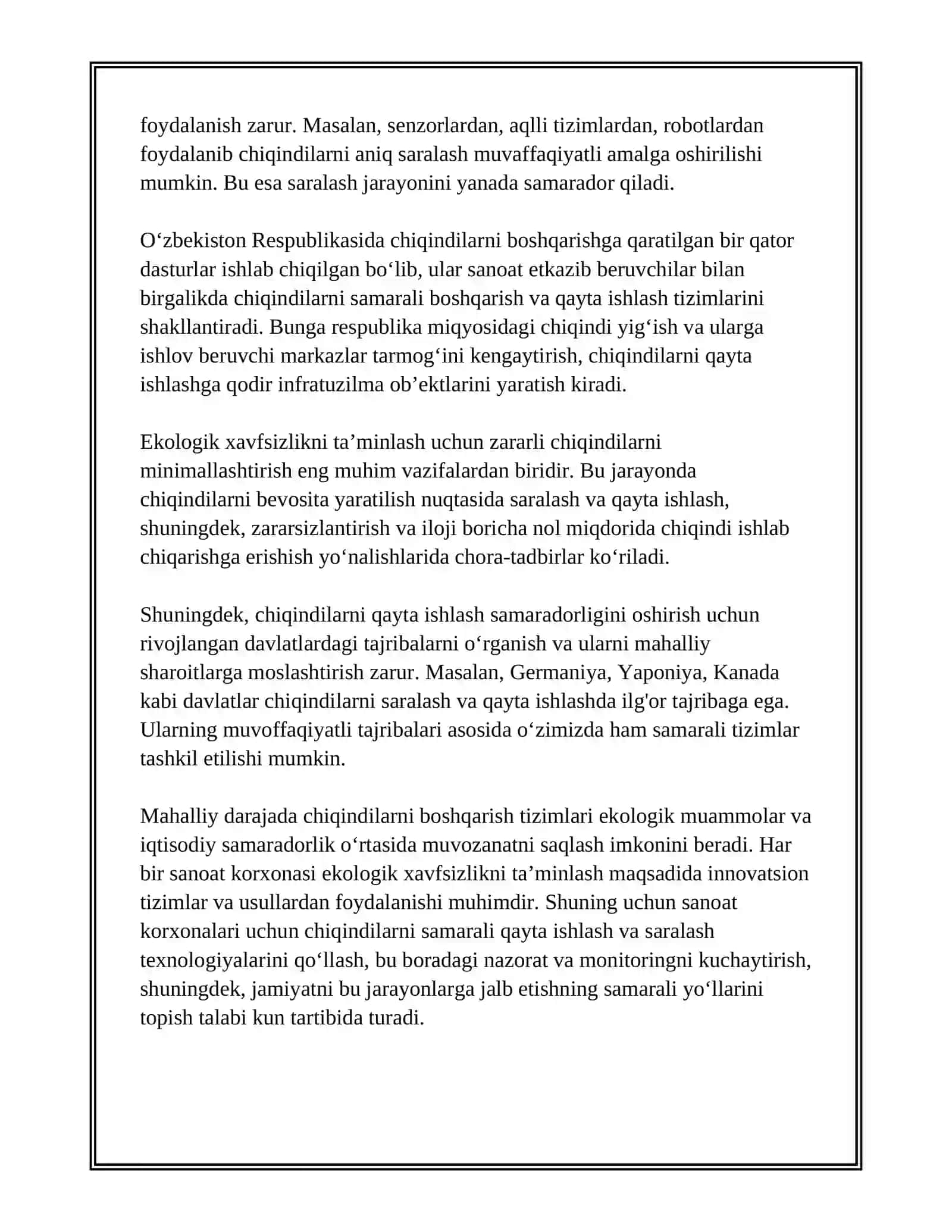 MUSTAQIL ISH: SANOAT TARMOQLARIDA EKOLOGIK XAVFSIZLIKNI TA’MINLASH 4