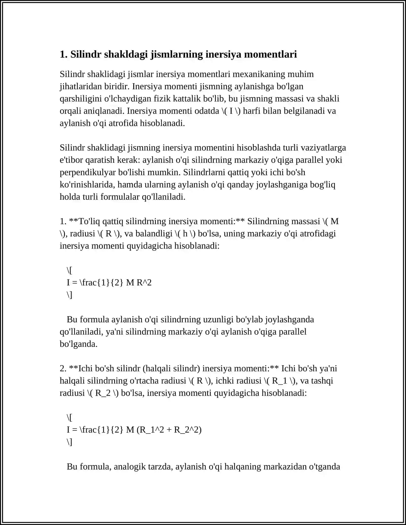 Silindr shakldagi jismlarning inersiya momentlari 4