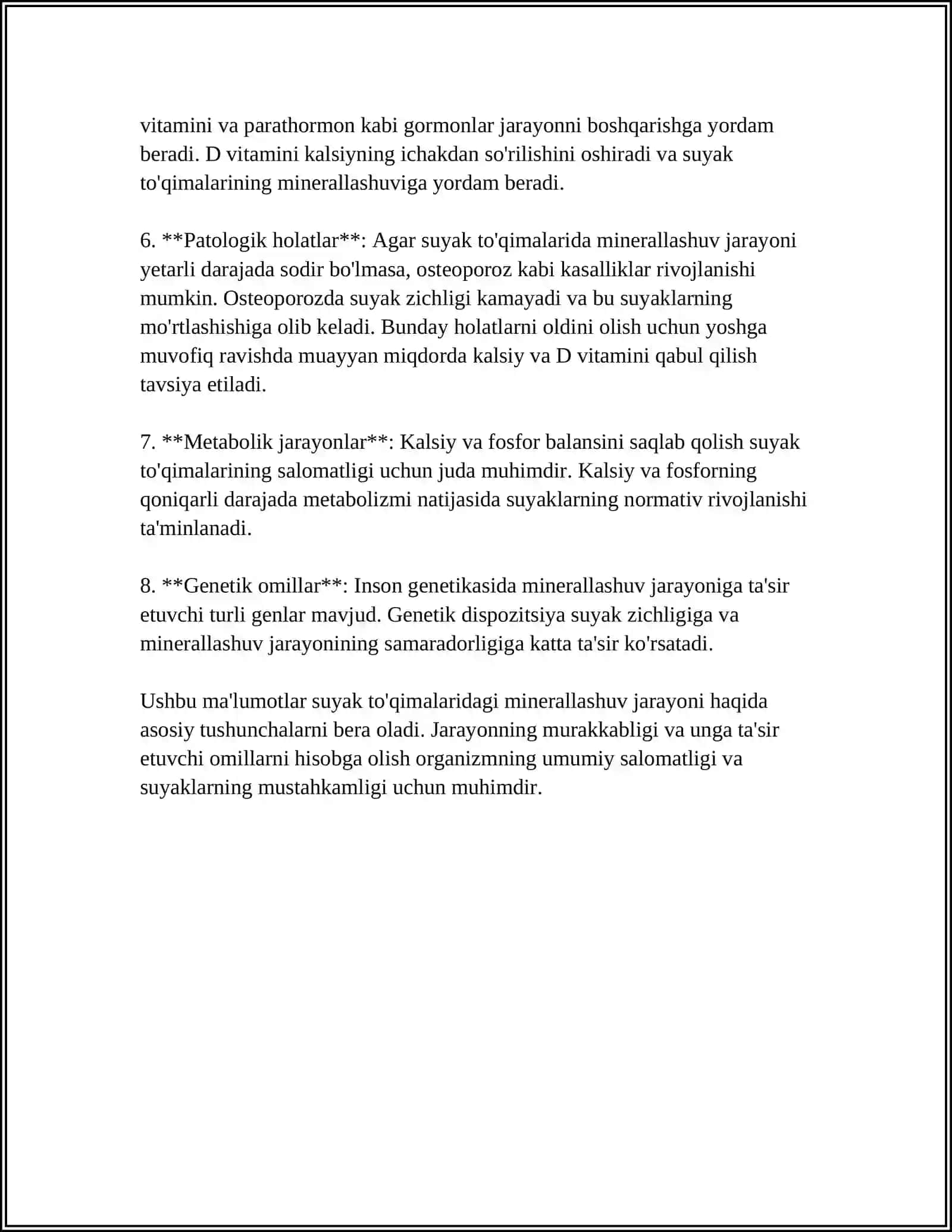 SUYAK TO'QIMALARINING MINERALLASHUVI, UNING TARTIBGA SOLINISHI VA BUZILISHLARI.SUYAK TO'QIMALARINING REGENERATSIYASI VA TRANSPLANTATSIYASI. SUYAKNING OSISHIGA TASIR QILUVCHI OMILLAR 4