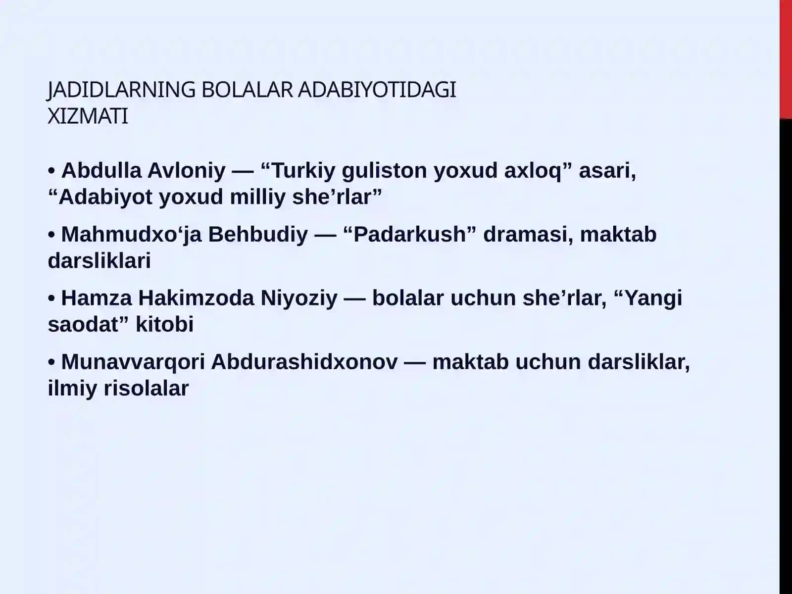 Milliy uyg‘oNish harakati va jadid ma’rifatparvarlarining o‘zbek bolalar adabiyotini yuzaga keltirishdagi o‘rni 4