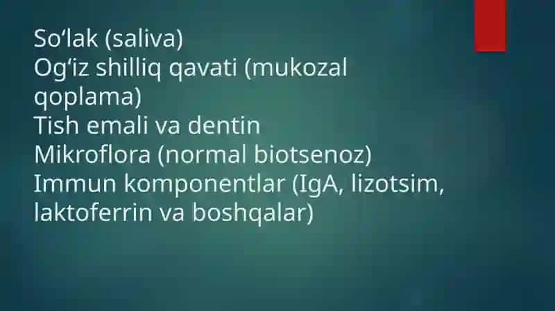 O'q'iz bo'shliq'idagi himoya to'sig kompleksi tizimi. So'lakning tarkibi va uning kareisning oldin olishdagi ahamiyat 4