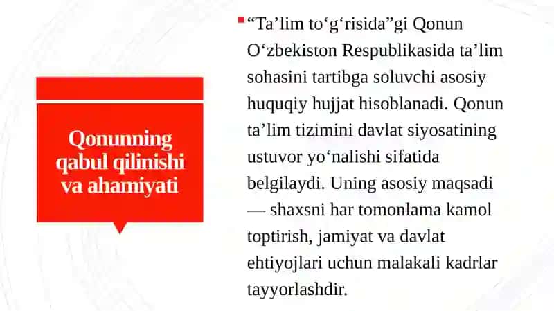 O‘zbekiston Respublikasining “Ta’lim to‘g‘risida”gi Qonuni. O‘zbekiston Respublikasining Kadrlar tayyorlash Milliy dasturi. Kadrlar tayyorlash milliy modeli. 4