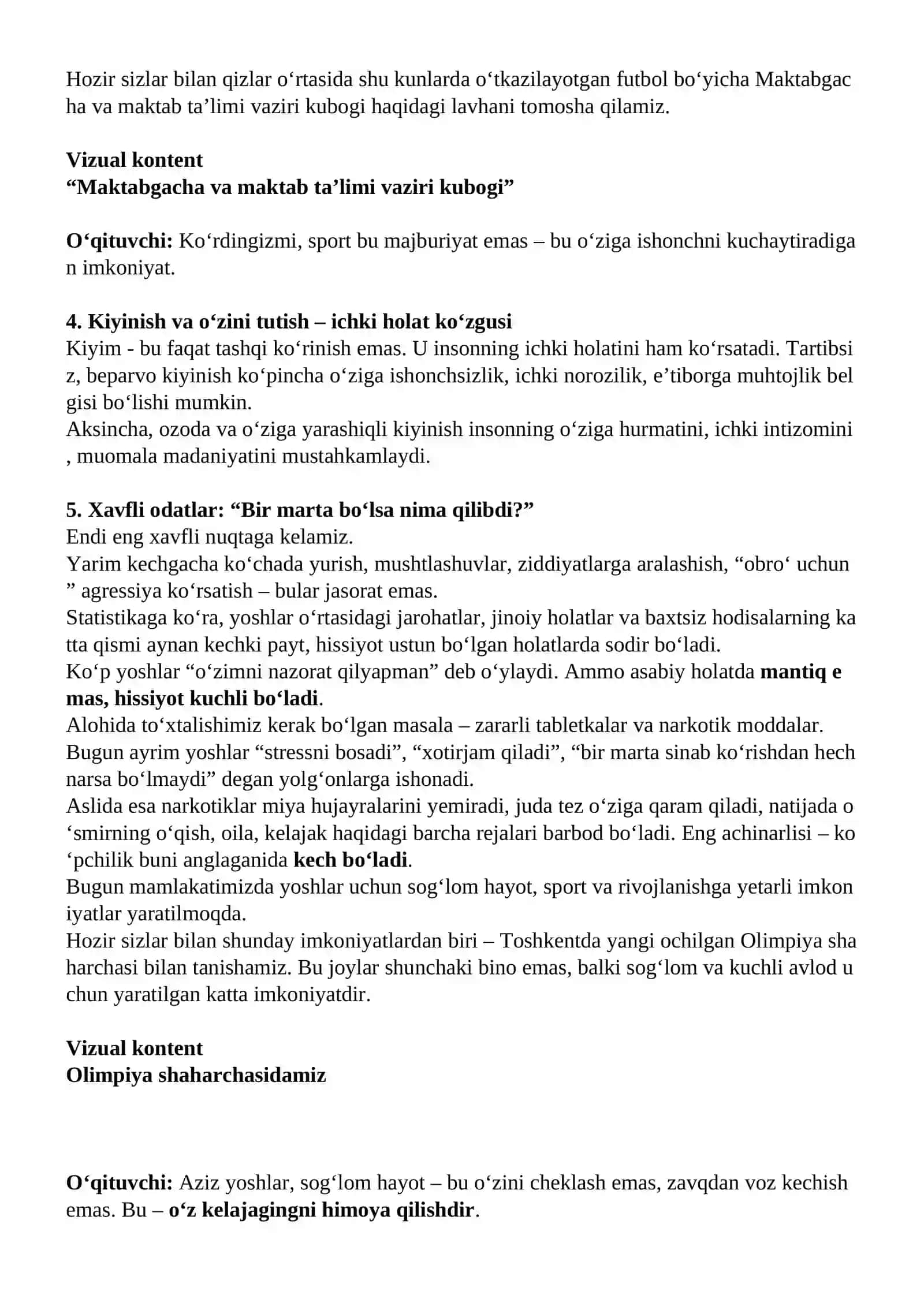 Kelajak soati darsining 9-11-sinflar uchun mashg'ulot senariysi 4