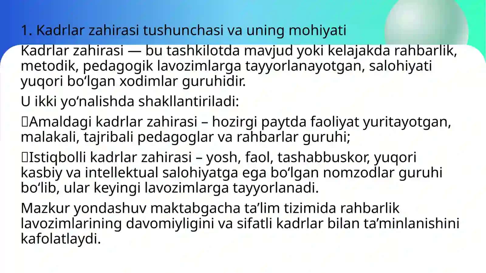 Maktabgacha ta’lim tashkilotlarida istiqbolli va amaldagi kadrlar zahirasini shakllantirish 4
