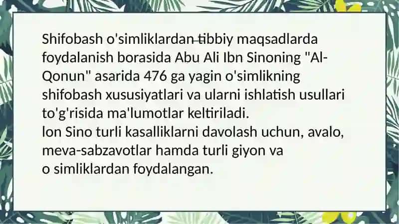 o'rta Osiyo allomalarining dorivor o'simliklarni o'rganishga qo'shgan hissasi 4