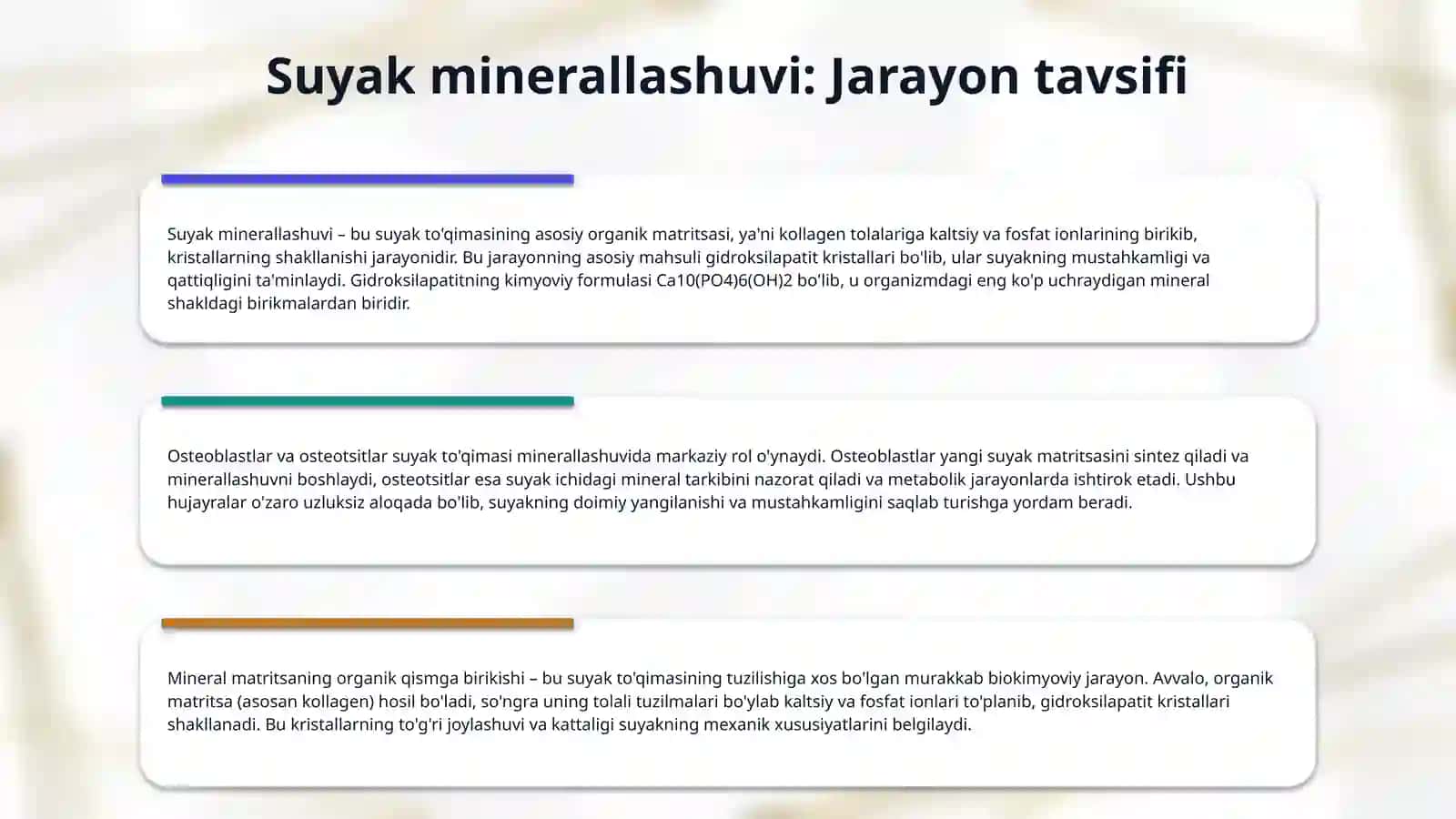 "Suyak to'qimalarining minerallashuvi, uning tartibga solinishi va buzilishlari. Suyak to'qimalarining regeneratsiyasi va transplantatsiya. Suyak o'sishiga ta'sir qiluvchi omillar." 4