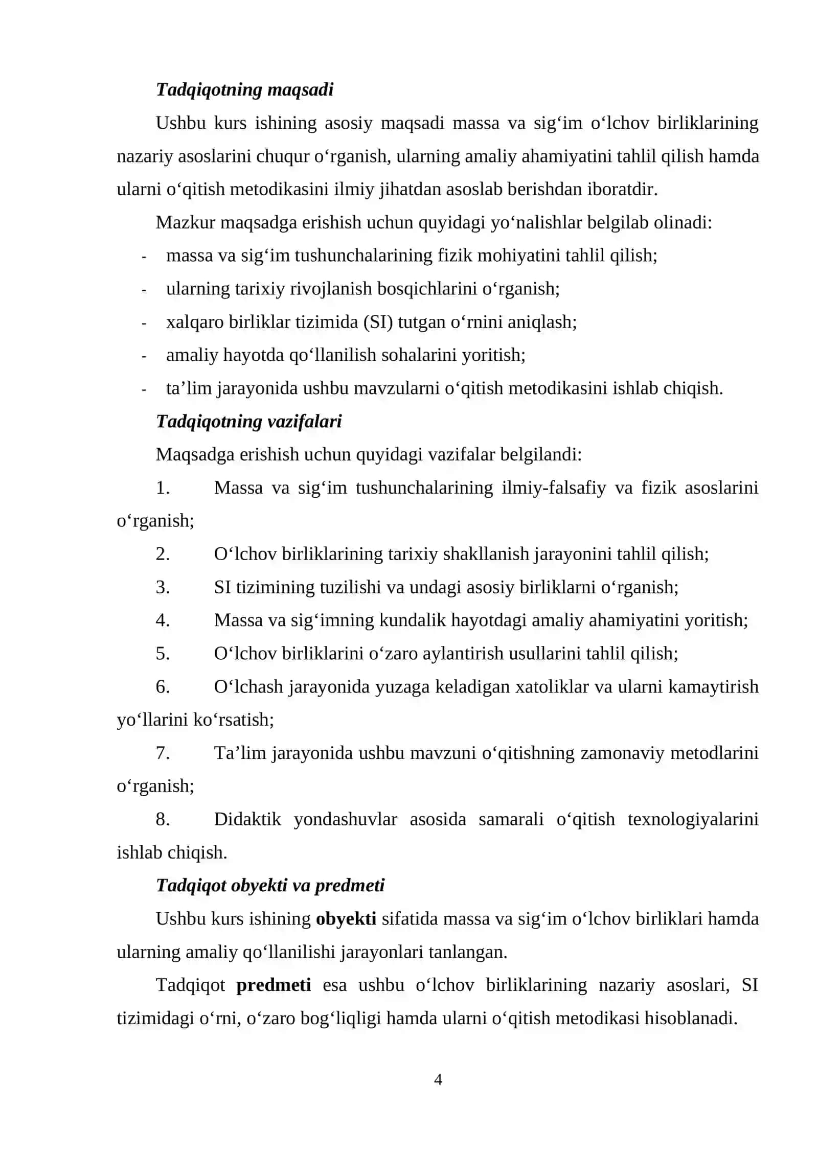 MATEMATIKA VA UNI O’QITISH METODIKASI FANIDAN “MASSA VA SIGʻIM OʻLCHOV BIRLIKLARI” MAVZUSIDAGI KURS ISHI 4