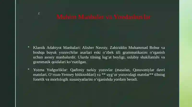 Eski o‘zbek tilining grammatik qurilishiga doir manbalari bilan tanishish 4