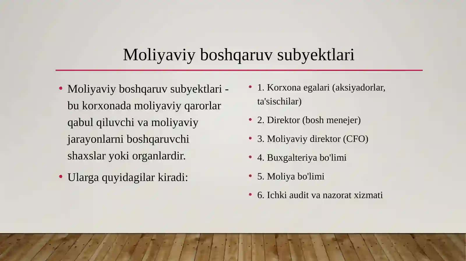 Korxonalarda moliyaviy boshqaruv subyektlari, maqsad va vazifalari. 4