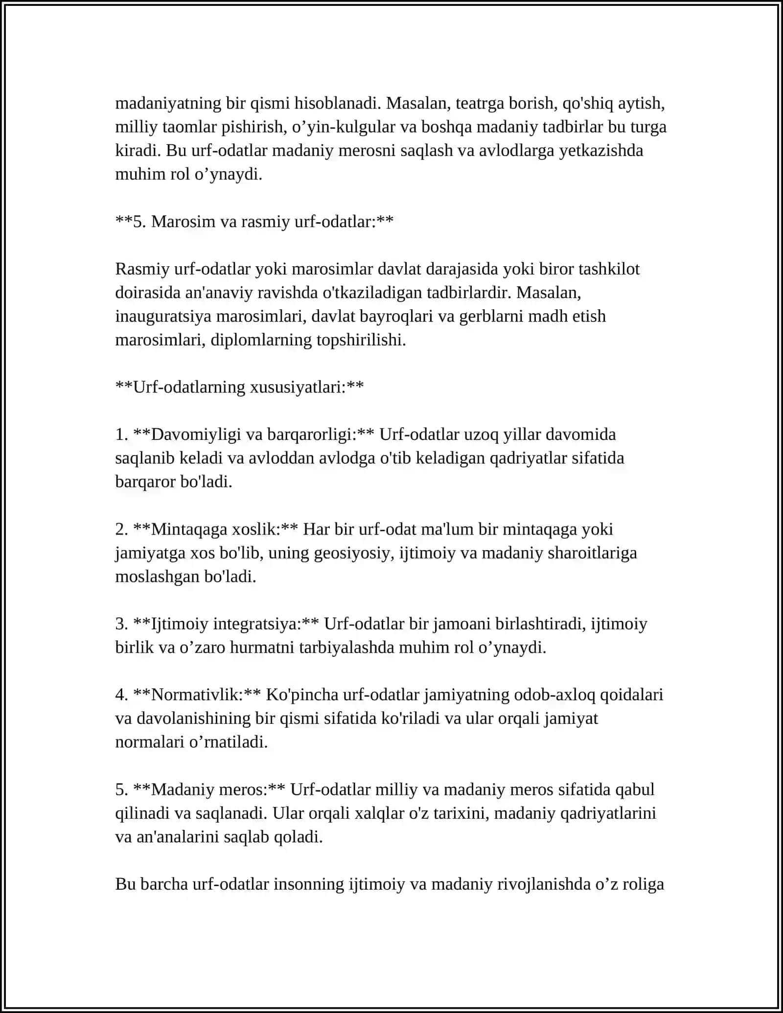 MILLIY URF ODATLAR VA ANANALAR HAQIDA. URF ODATLAR VA ANANALARNING IJTIMOIY VAZIFALARI 4