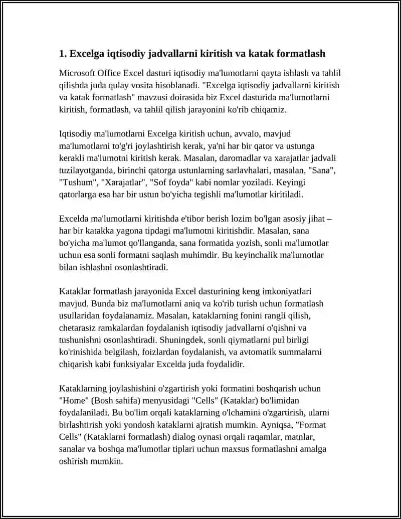 MICROSOFT OFFICE EXCEL YORDAMIDA IQTISODGA OID JADVALLI MA'LUMOTLARDAN FOYDALANIB HISOB ISHLARINI BAJARISH 4