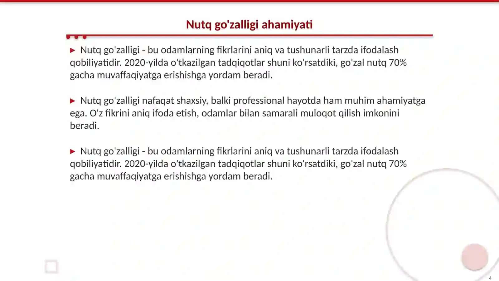 Nutq goʻzalligini ta‘minlashda oʻzlashma soʻzlarning oʻrin....Oʻqituvchi nutqi madaniyati fani 4
