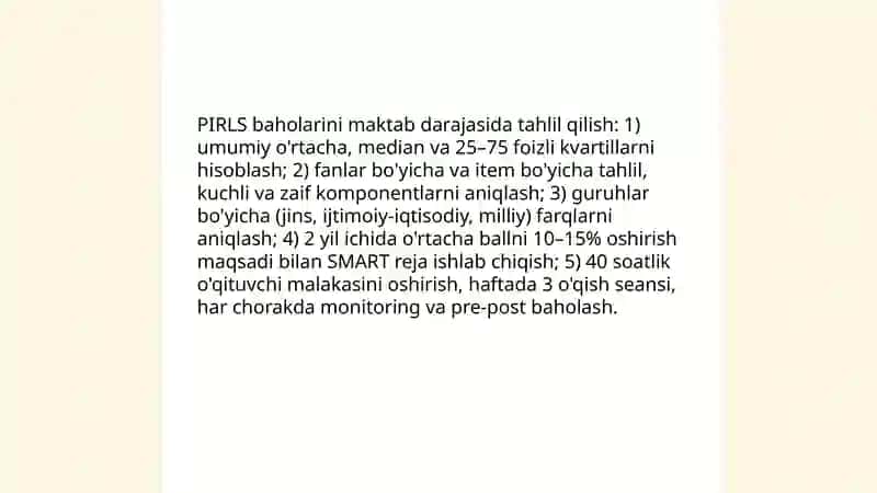 PIRLS xalqaro tadqiqoti boʻyicha boshlang'ich sinflarda oʻqish va yozish malakasini oshirish 4