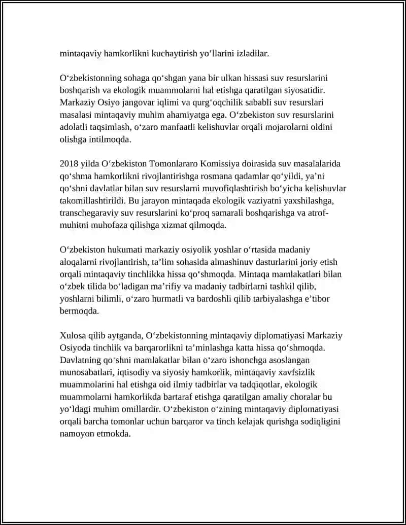 OʻZBEKISTONNING MARKAZIY OSIYODA TINCHLIK VA BARQARORLIKNI TAʼMINLASHDAGI OʻRNI 4
