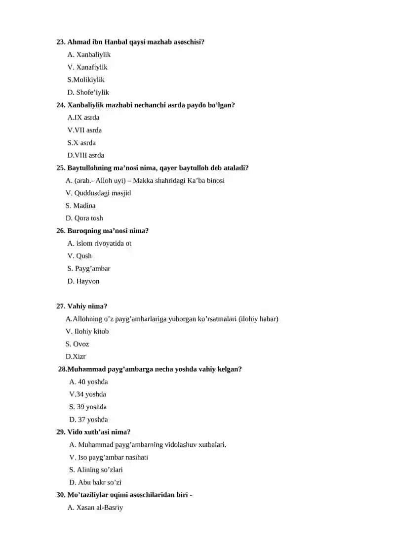 "DINSHUNOSLIK" FANIDAN TEST SAVOLLARI 4
