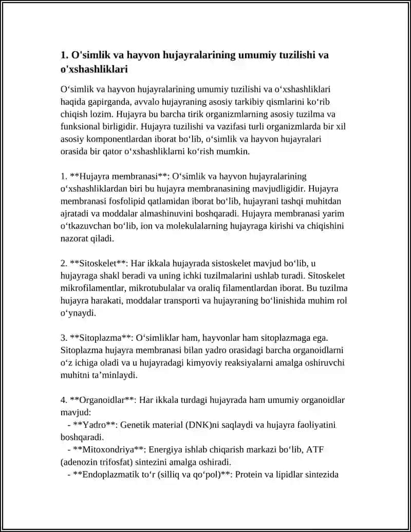 ÖSIMLIK VA HAYVON HUJAYRALARI ÖXSHASHLIGI VA FARQI. PRAKARIOT VA EUKARIOTLARNING TUZILISHI. HUJAYRA SHAKLIGA EGA BÖLMAGAN TUZILMALAR 4