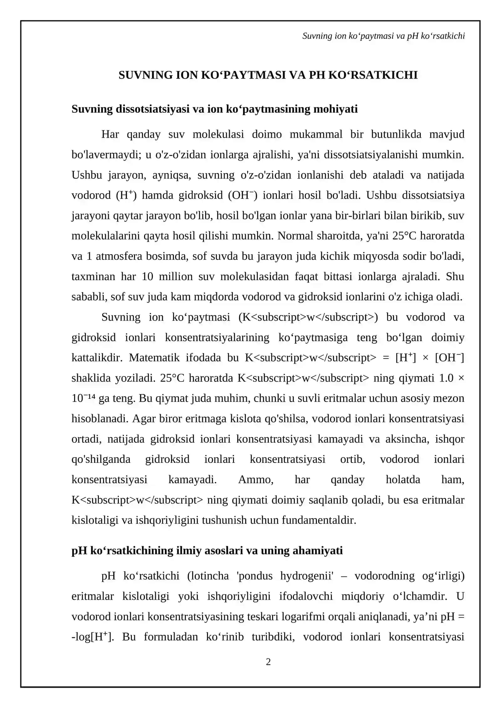 Suvning ion koʻpaytmasi.Muhitning vodorod koʻrsatkichi. Tuzlarning gidrolizi 4