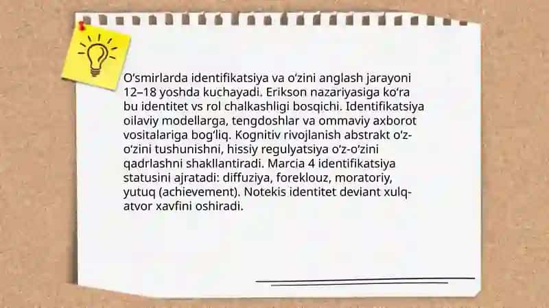 O`smirlik davrida psixik rivojlanish xususiyatlari.Deviant xulq-atvor psixalogiyasi 4