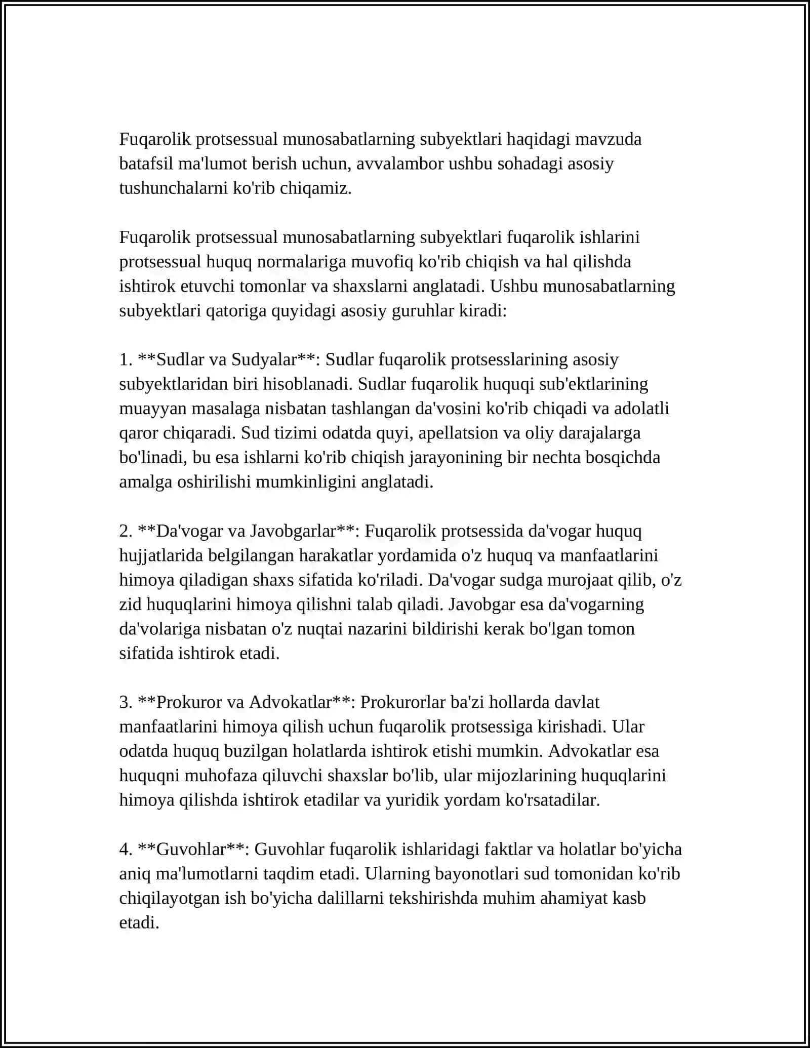 MUSTAQIL ISH Mavzu: FUQAROLIK PROTESSUAL XUQUQIY MUNOSABATLAR VA UNING ELEMENTLARI 4
