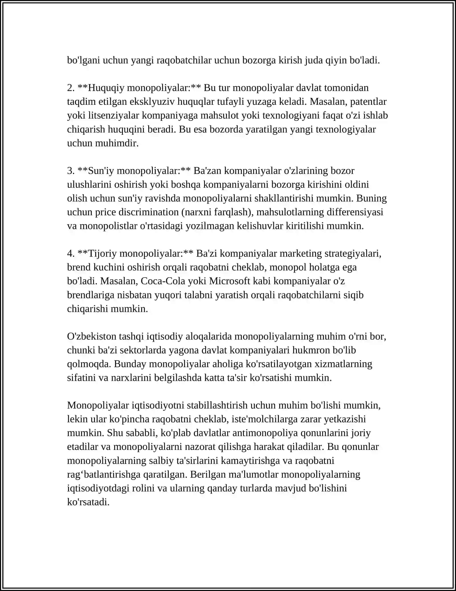 MONOPOLIYALAR,ULARNING AMAL QILISHI VA TARTIBGA SOLINISHI XUSUSIYATLARI 4