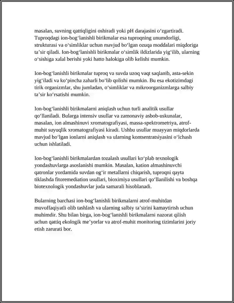 TUPROQ VA SUVNING IFLOSLANISHIDA ION BOG'LANISHLI BIRIKMALARNI ANIQLAB ULARDAN TOZALASH USULINI ISHLAB CHIQISH 4