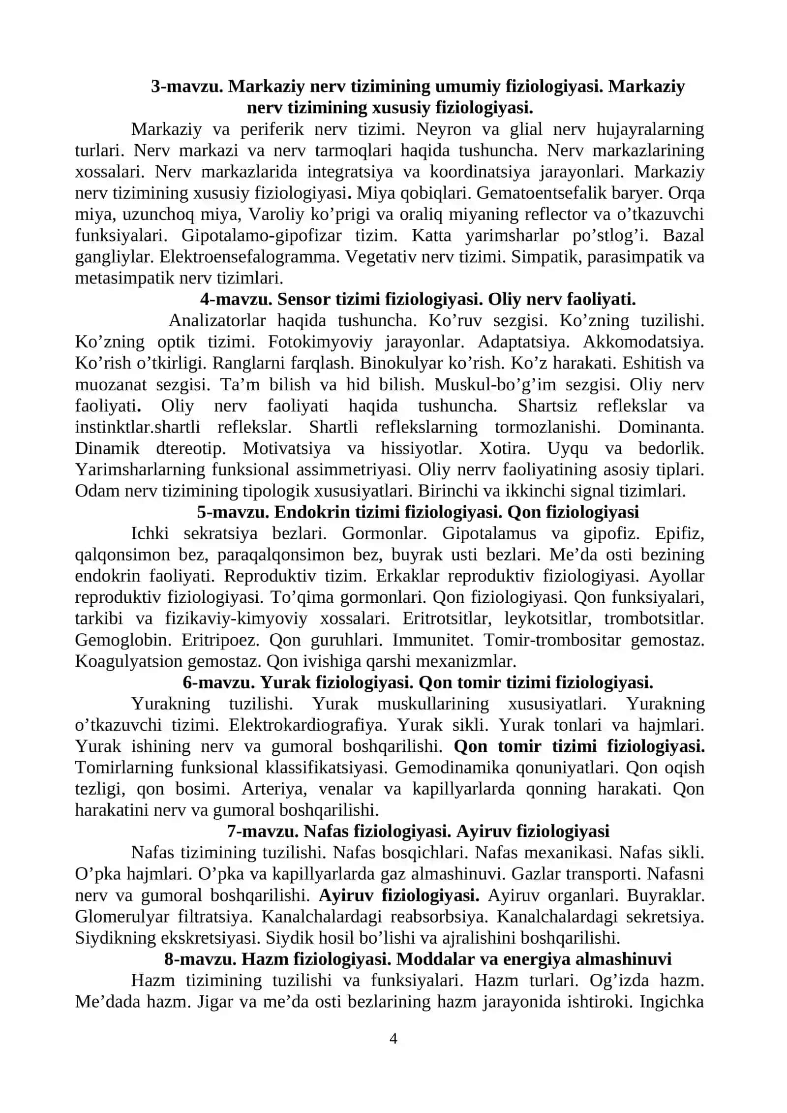 ODAM VA HAYVONLAR FIZIOLOGIYASI SILLABUS 4