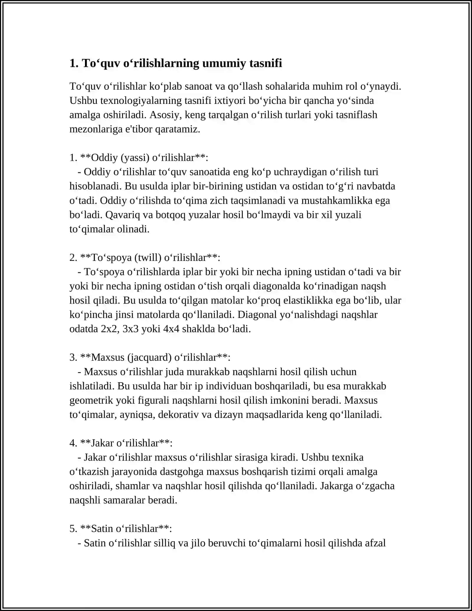 TOʻQUV OʻRILISHLARINI TASNIFLASH. BOSH OʻRILISHLAR. POLOTNO OʻRILISH BILAN ISHLAB CHIQARILADIGAN GAZLAMALAR ASSORTIMENTI 4