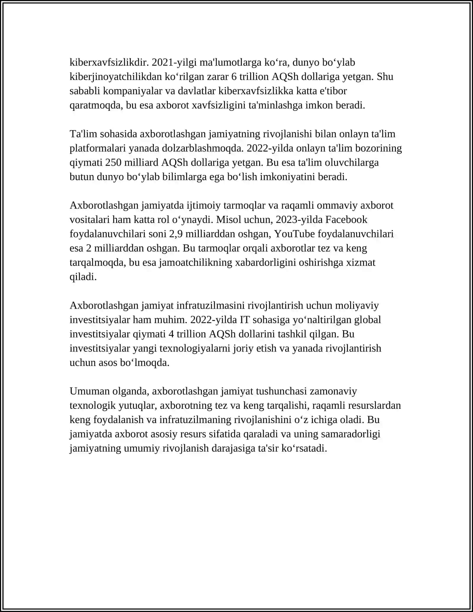 “AXBOROTLASHGAN JAMIYAT VA UNING ISTIQBOLLARI” MAVZUSIDA ESSE TAYYORLASH (A.TOYNBI, E.TOFFLER ASARLARINING QIYOSIY TAHLILI ASOSIDA) 4