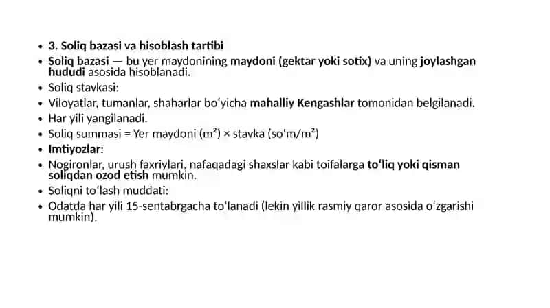 Jismoniy shaxslardan olinadigan yer soligʻi;soliq toʻlovchilar,soliq solish subyekti va soliq bazasi 4
