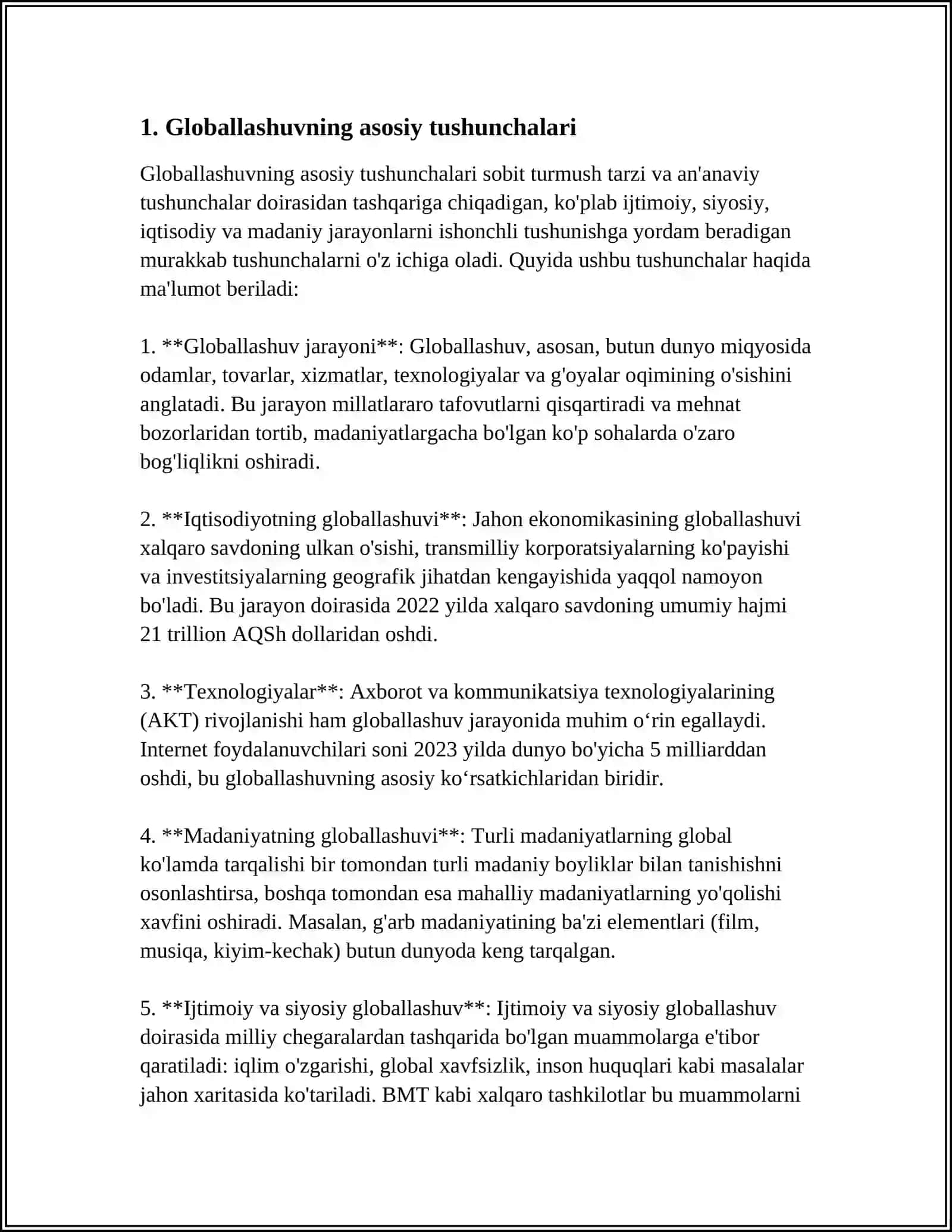 Globallashuv, Globalistika va Barqaror Taraqqiyot jarayonlarining mohiyati 4