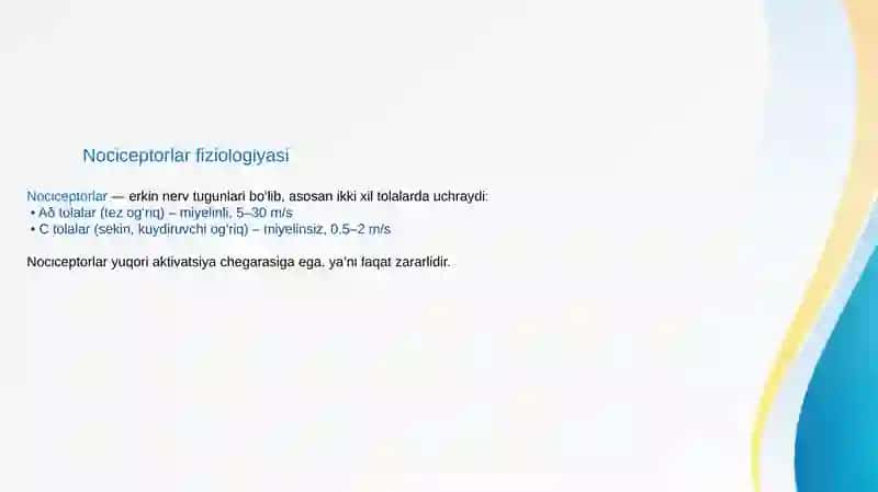 Og‘riq sezuvchanligining neyrofiziologik asoslari: og‘riqsizlantirish uchun molekulyar nishonlar. 4